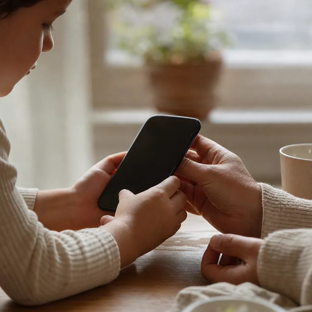 Barn håller i en mobiltelefon med ett barnabonnemang på SIM-kort