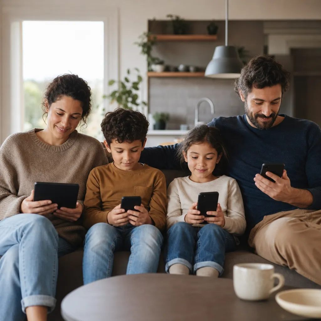 Illustration av en familj där barnets mobil läggs till som extra-SIM i familjeabonnemanget bredvid ett eget barnabonnemang