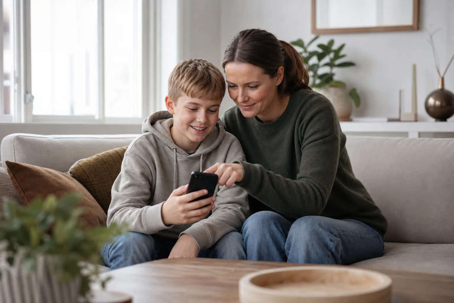 Barn och förälder som tillsammans väljer ett mobilabonnemang hemma