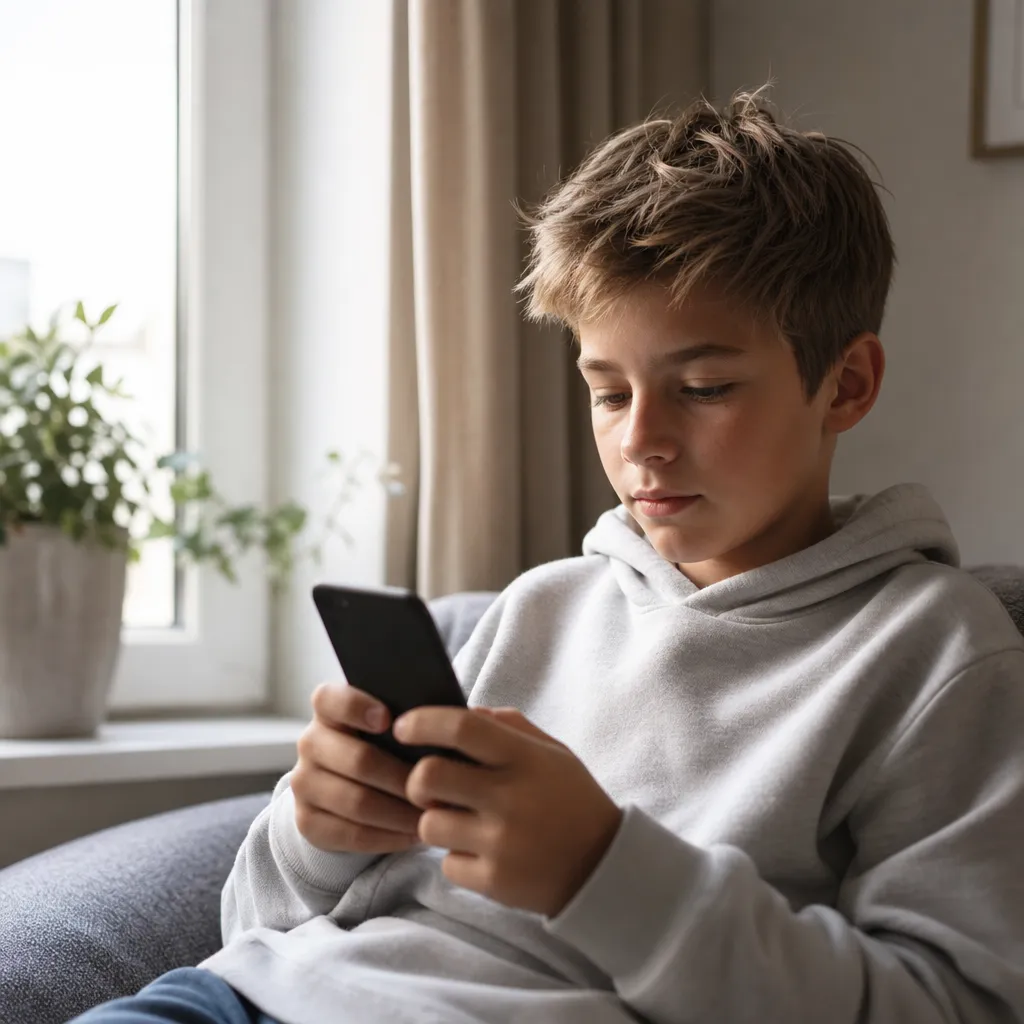 Barn håller en iPhone med ett barnabonnemang, förälder hjälper till att ställa in Skärmtid