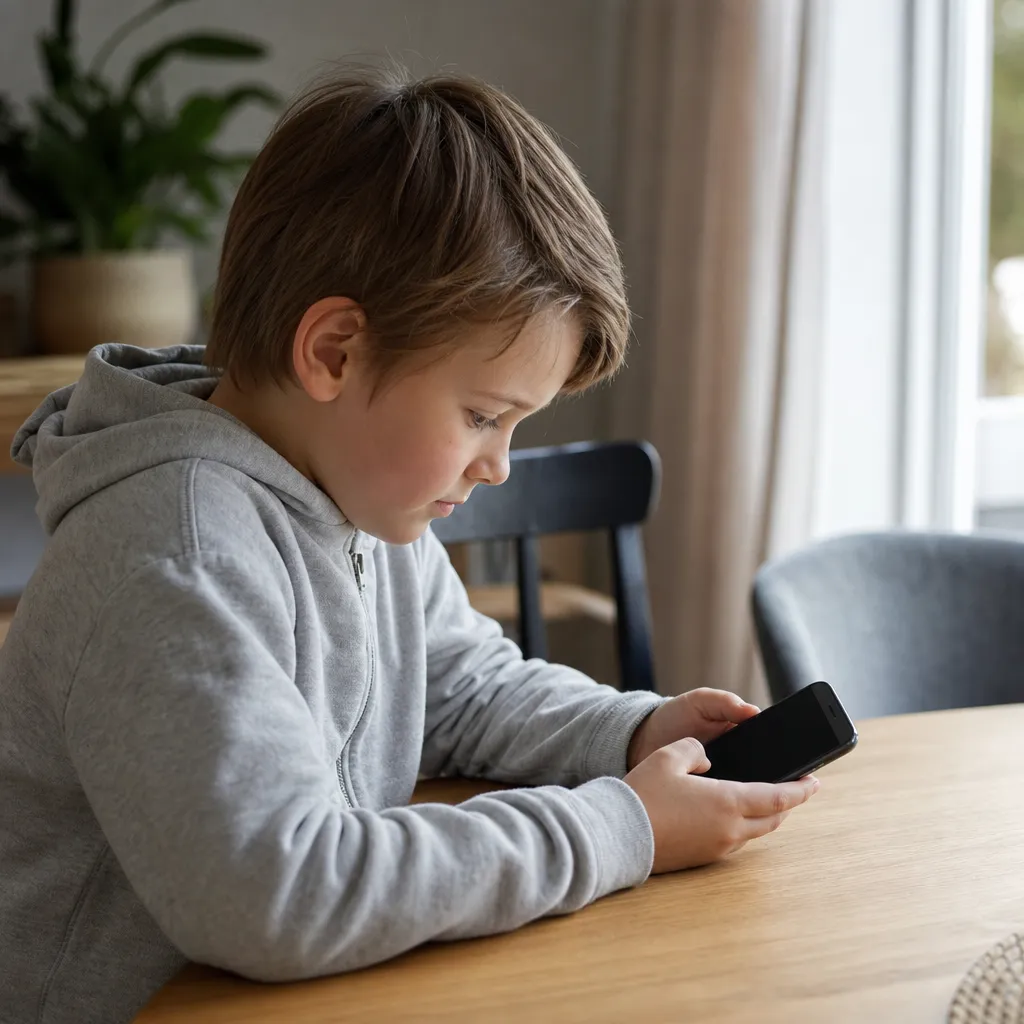 Yngre barn med sin första mobiltelefon hemma, uppkopplad mot familjens wifi med ett litet datapaket