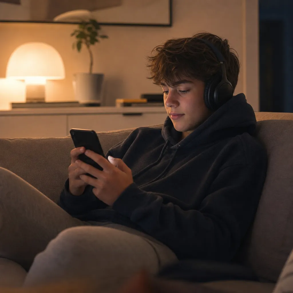 Tonåring som strömmar video på mobilen och drar mycket surf