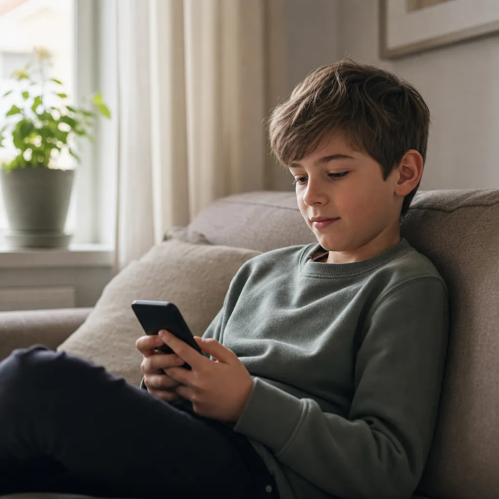 Barn som använder mobil hemma uppkopplad mot familjens wifi, med streaming och meddelanden på skärmen